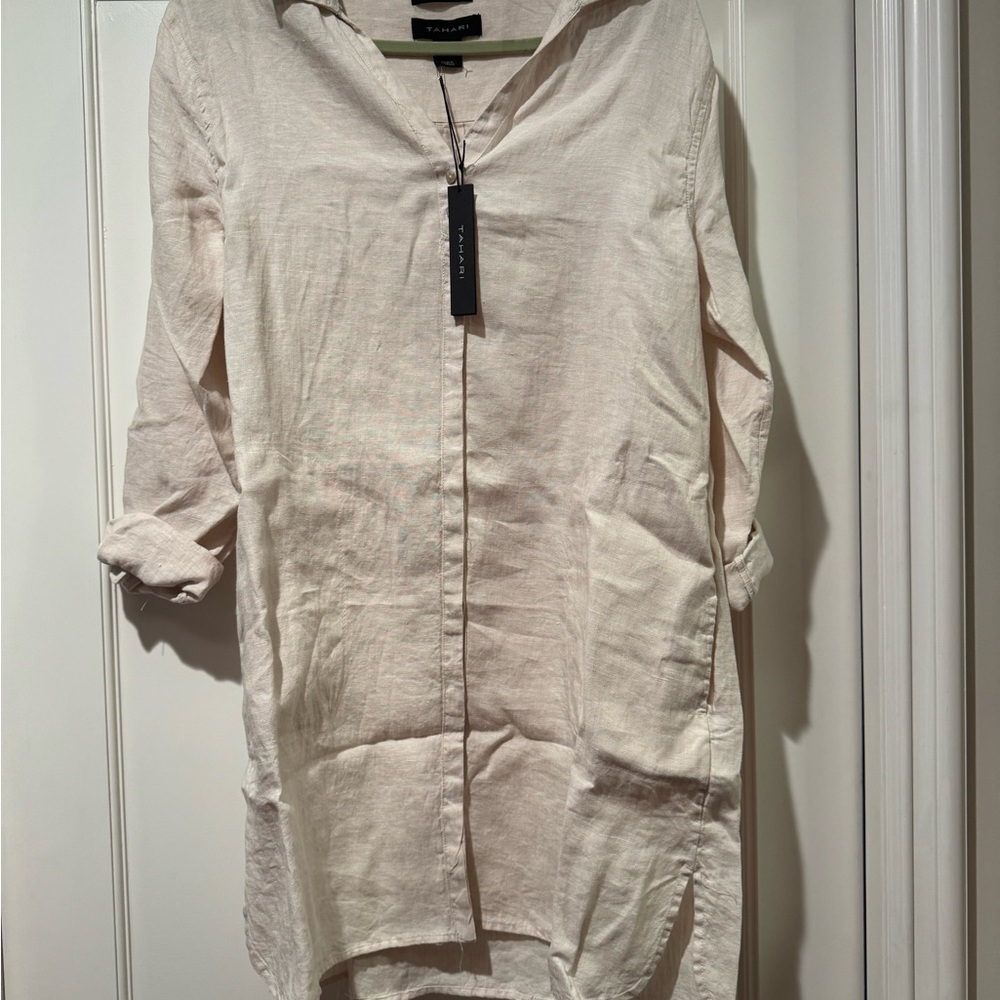 Tahari Linen Shirt Dress in Cream and Green